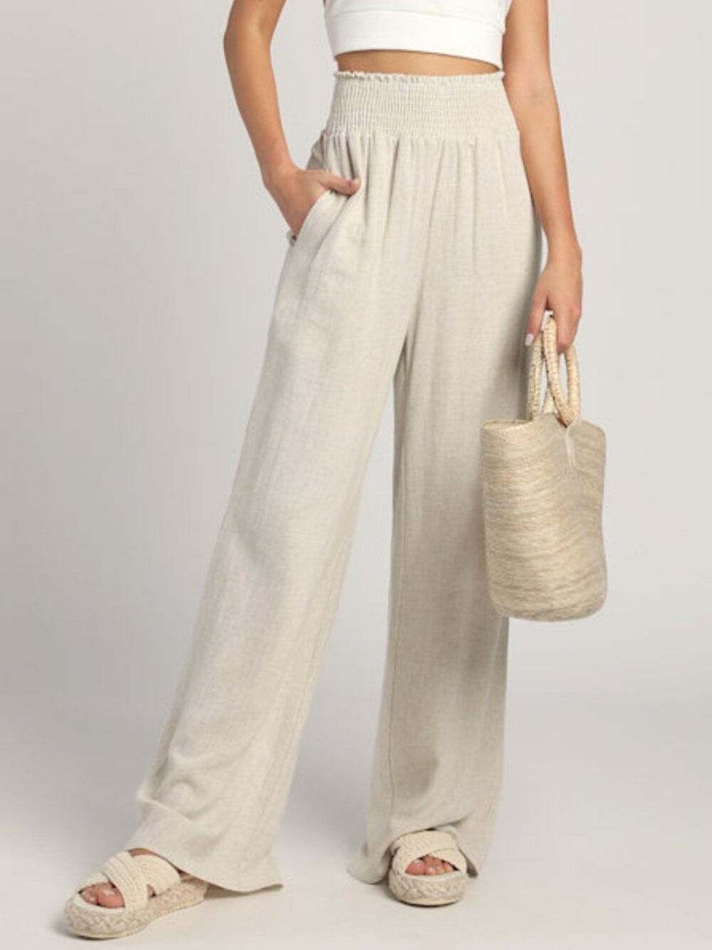 Lulu's Cream Wide-Leg Smocked-Waist Pants